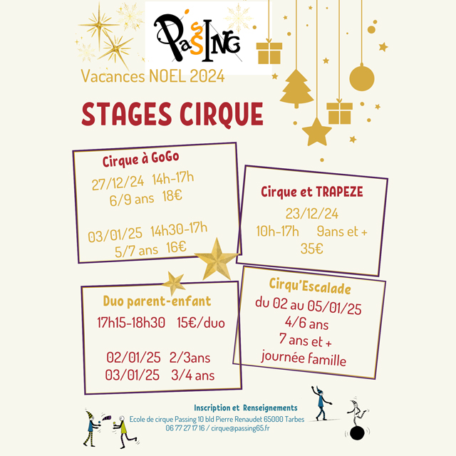 Stages Cirque Vacances Noël Du 23/12/2024 au 5/1/2025